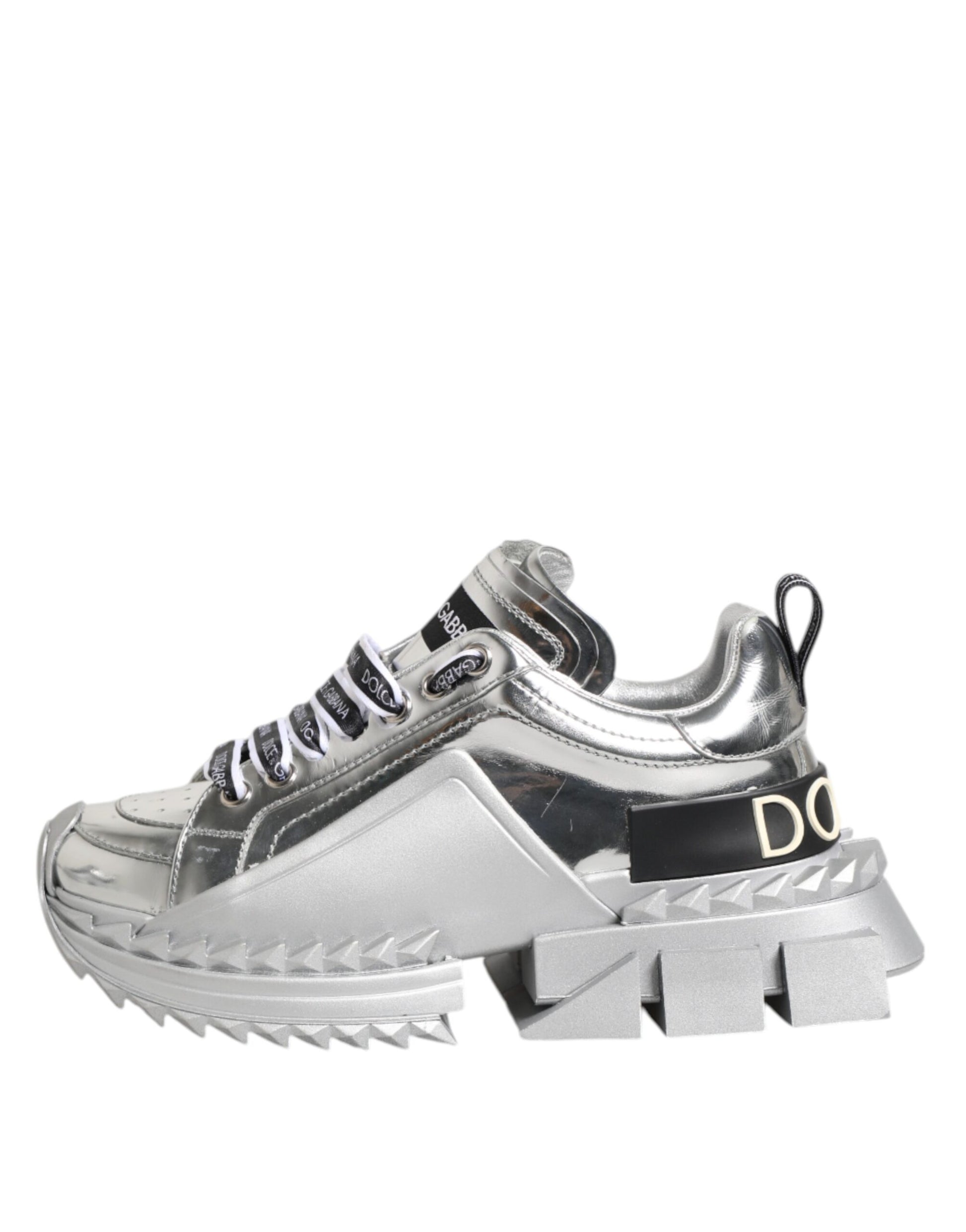 Silver sneaker with white sole and black laces
