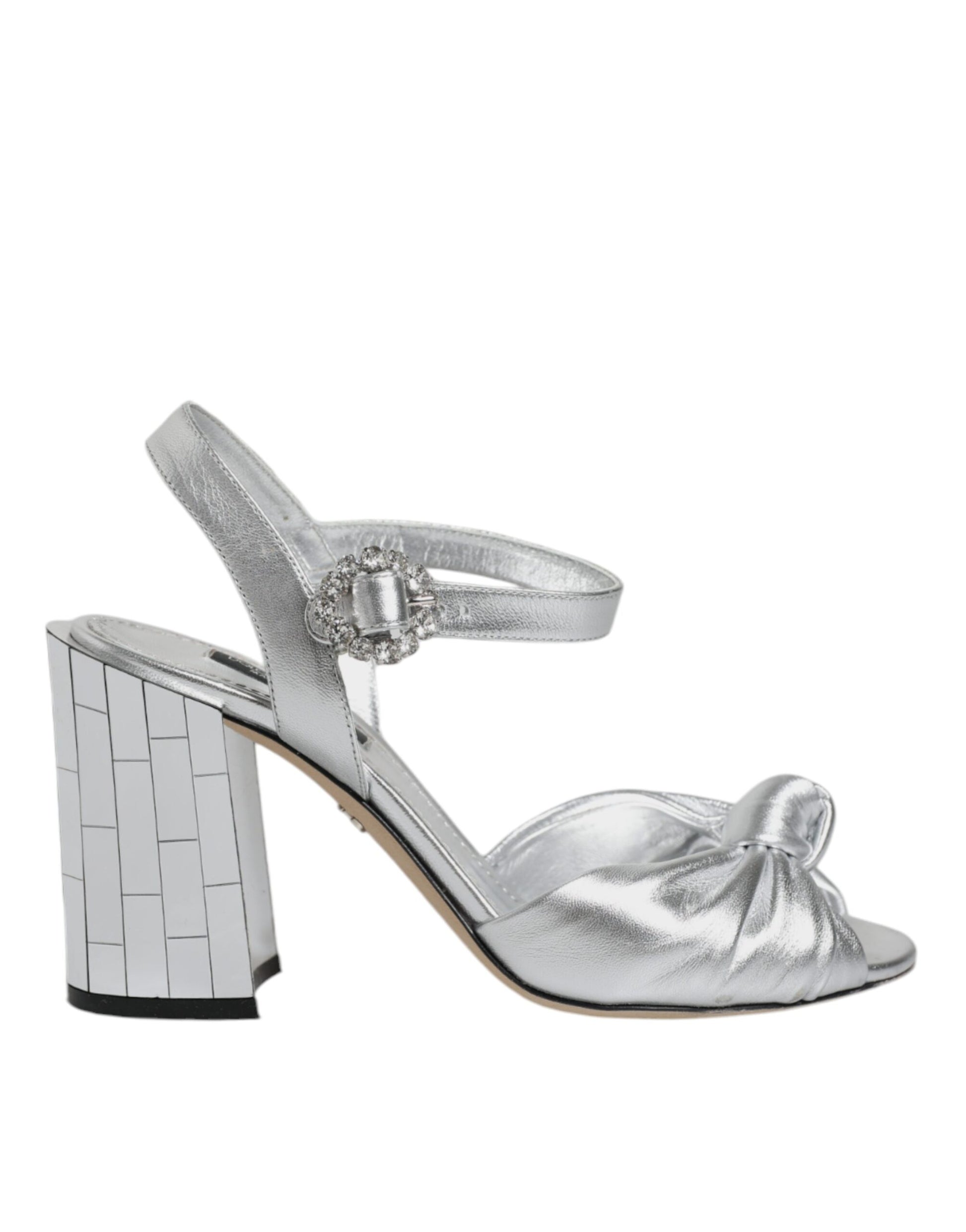 Silver high heel sandal with rhinestones on toe