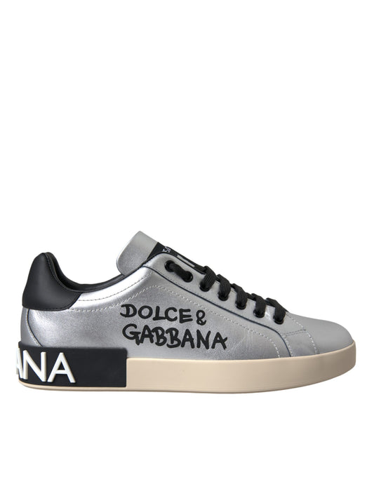 Silver and black sneaker with white sole