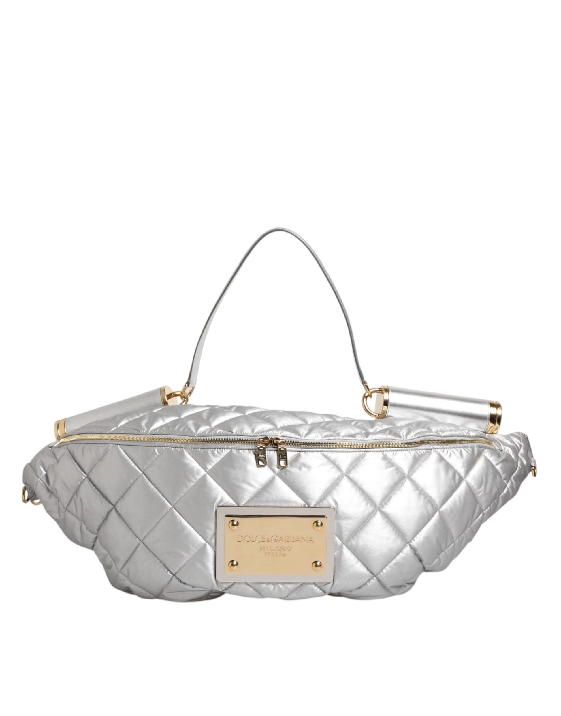 Silver quilted handbag with gold accents