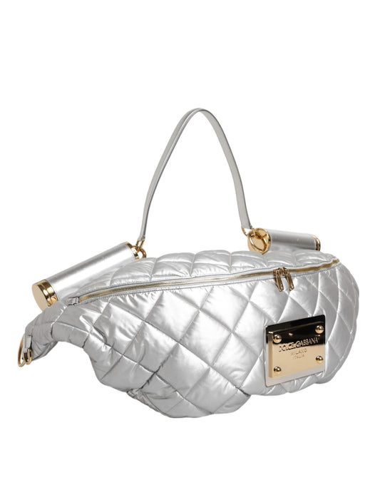 Silver quilted handbag with gold accents