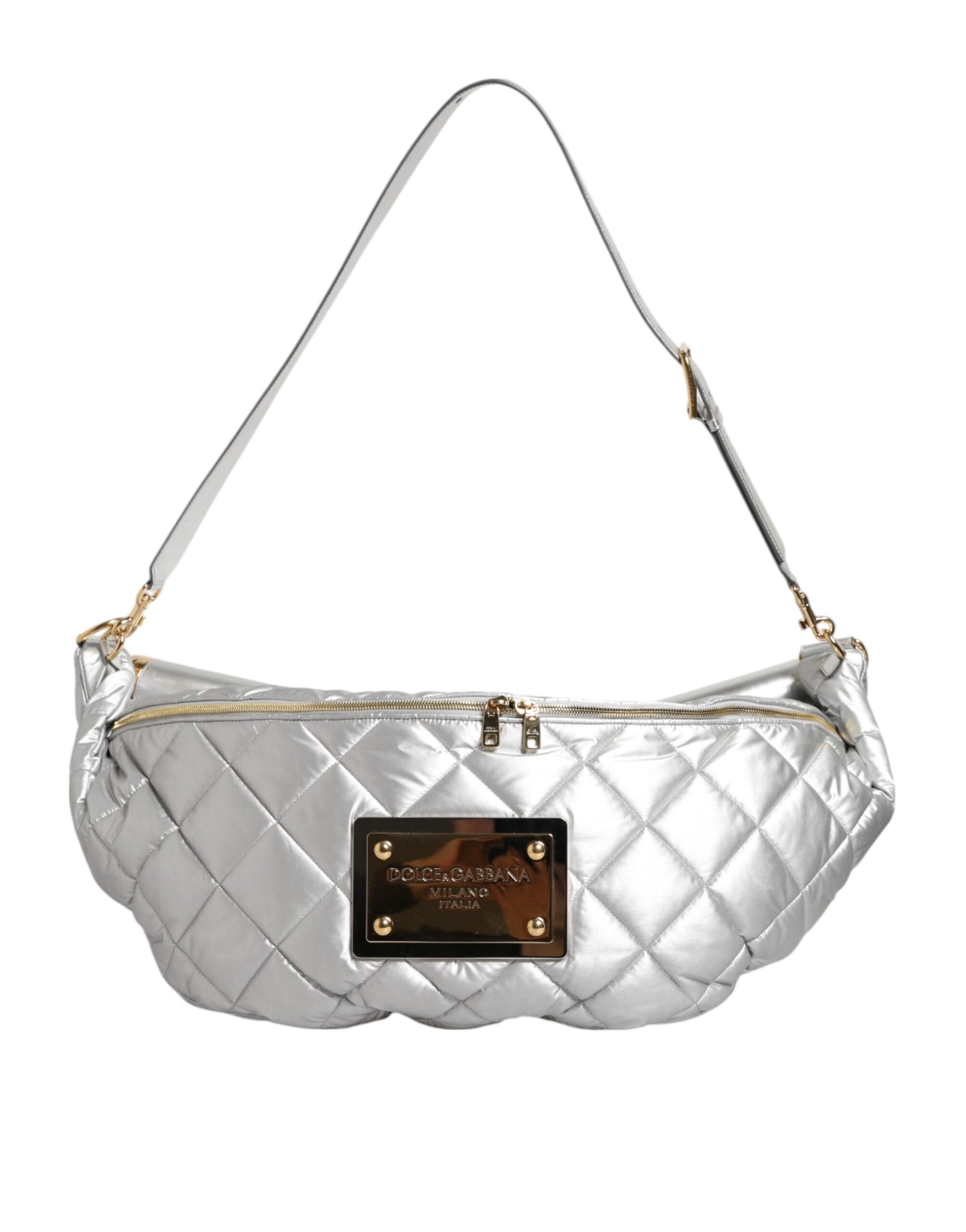 Silver quilted handbag with gold hardware