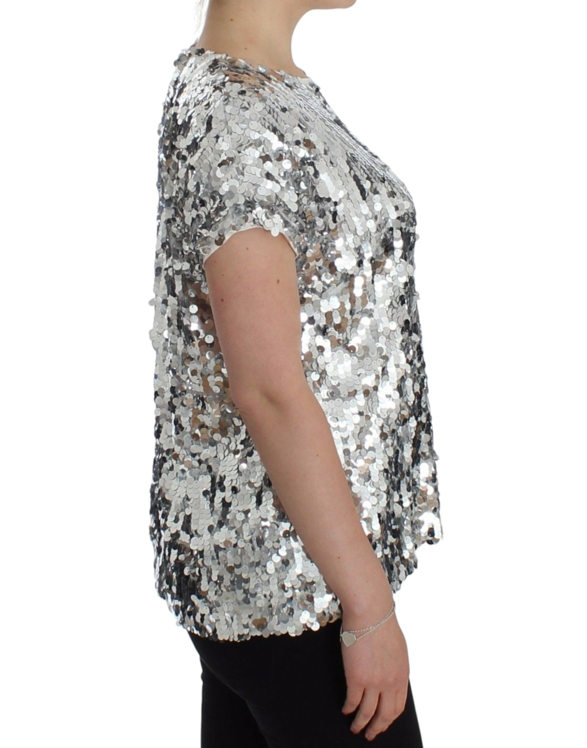 Shiny sequined top on woman's back