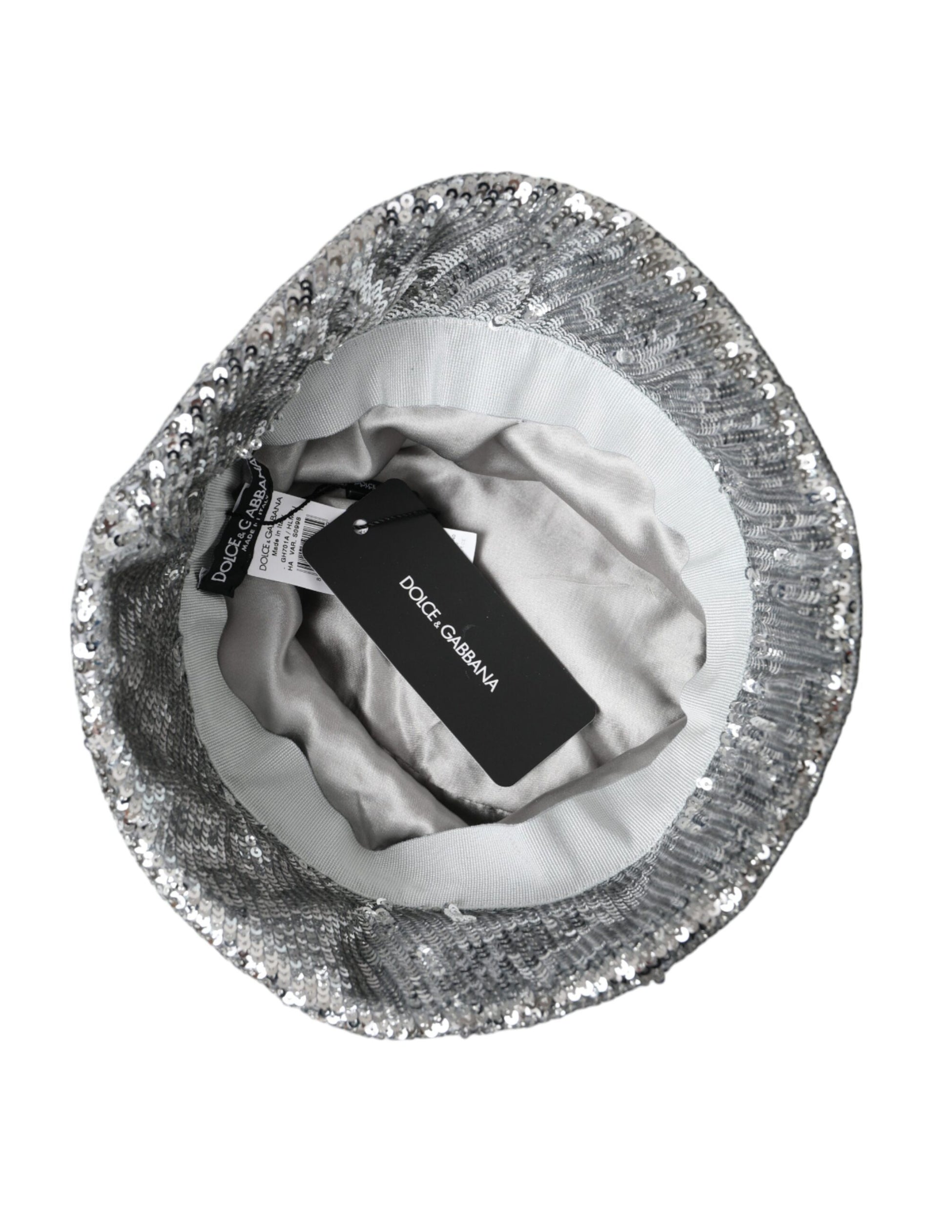 Silver sequined hat with tag inside