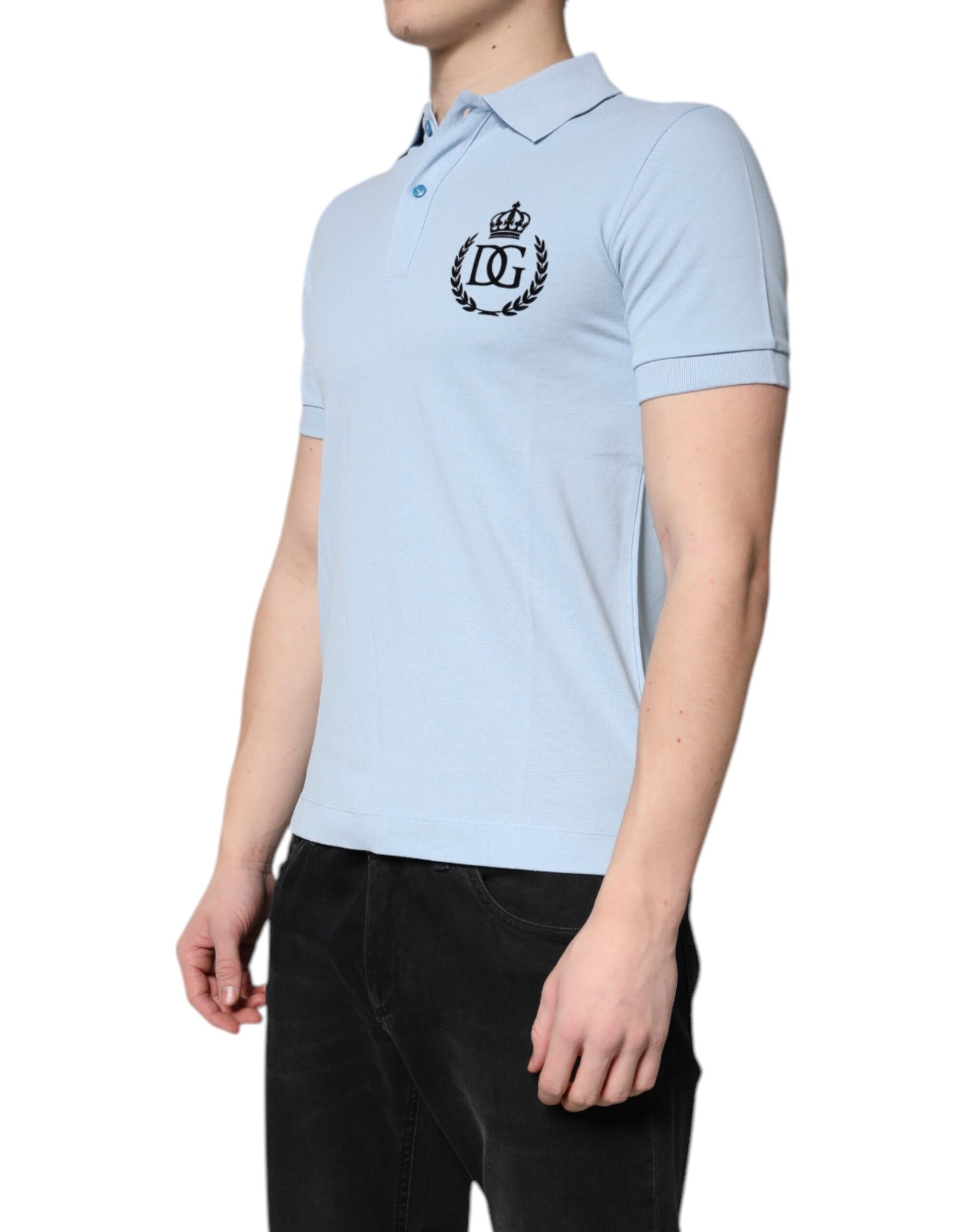 Men's polo shirt in blue with white logo on left chest