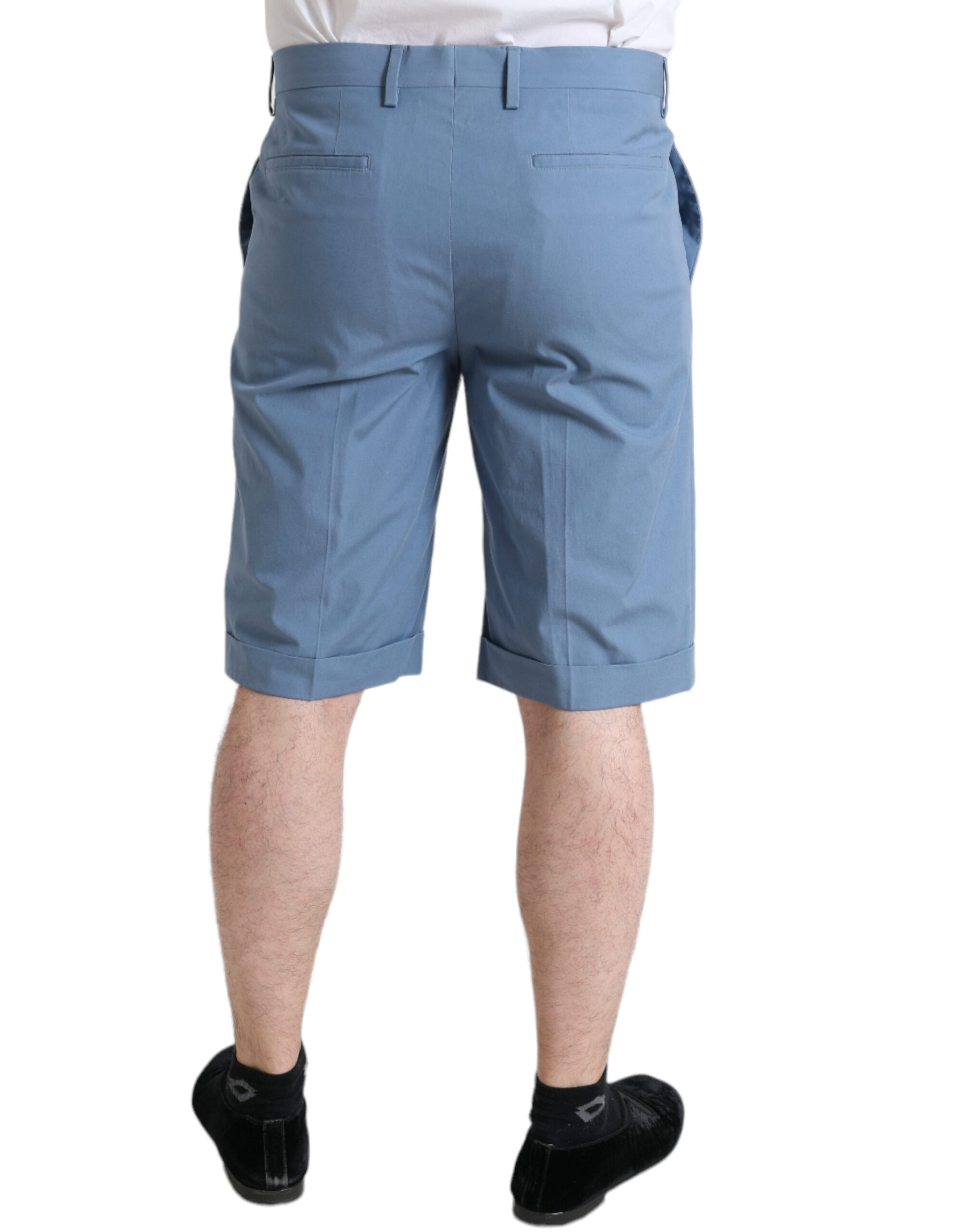 A pair of men's shorts in a sky blue color with a folded hem design