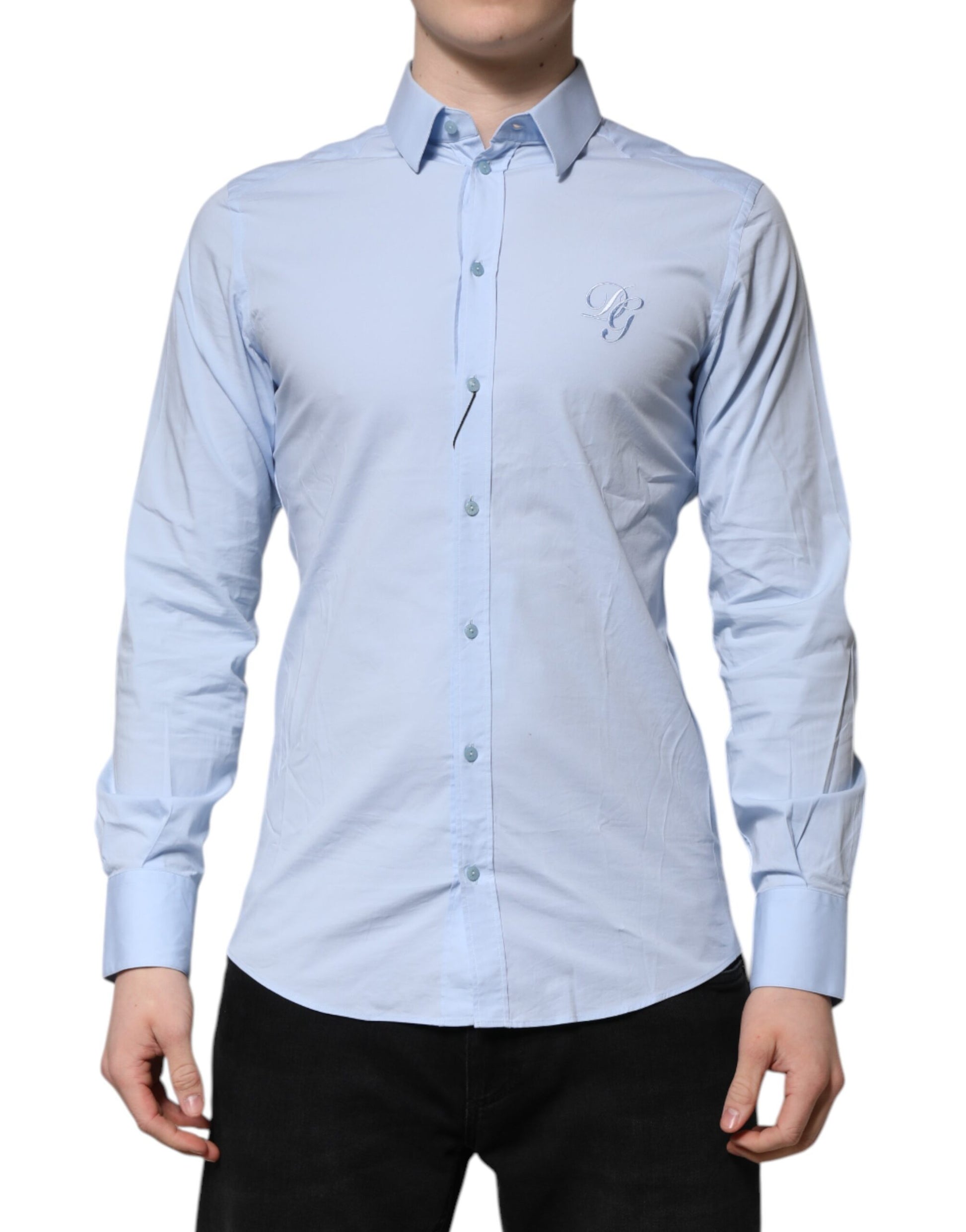 Men's long sleeve dress shirt in sky blue with gold accents