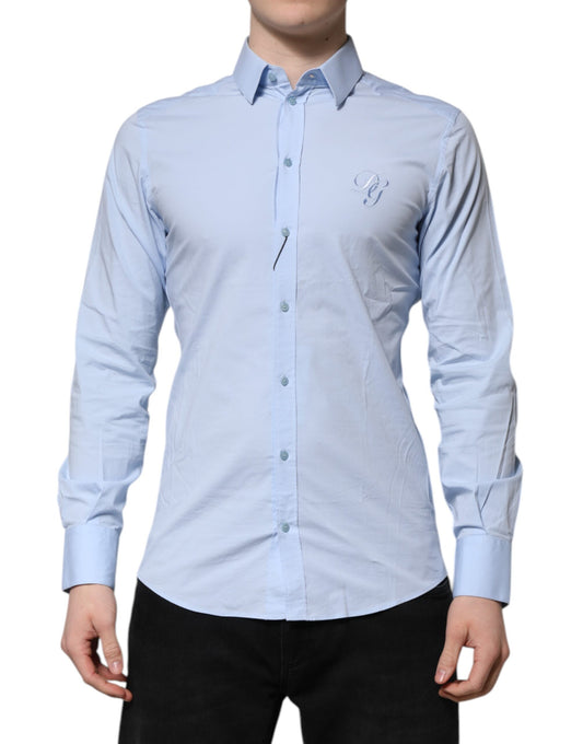 Men's long sleeve dress shirt in sky blue with gold accents