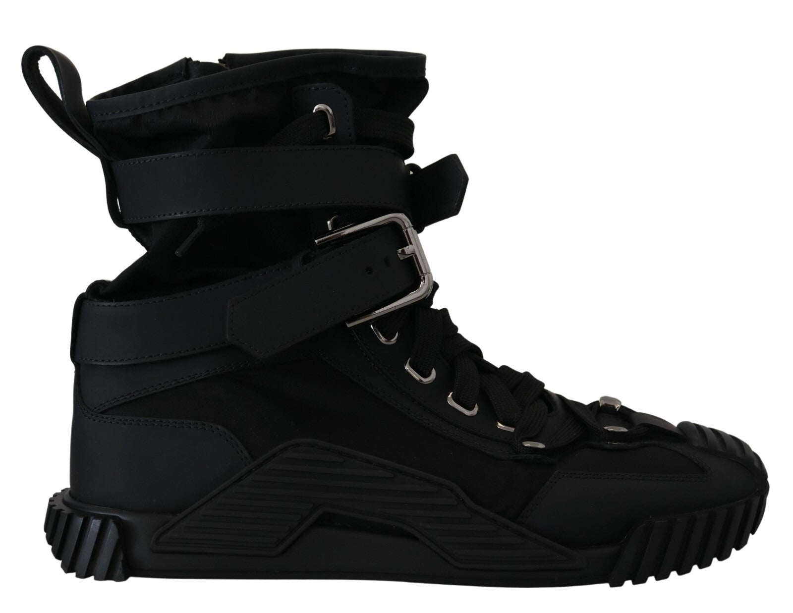 Black snow boot with straps and buckles for secure fit