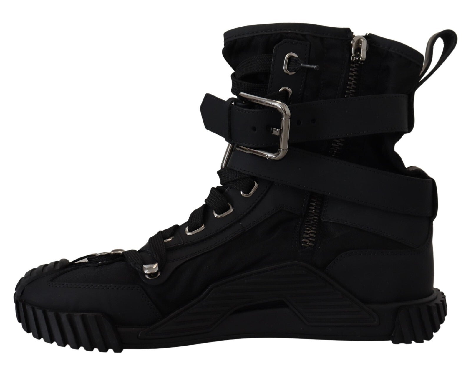 Black leather boot with laces and straps