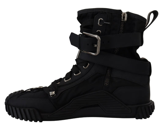 Black leather boot with laces and straps