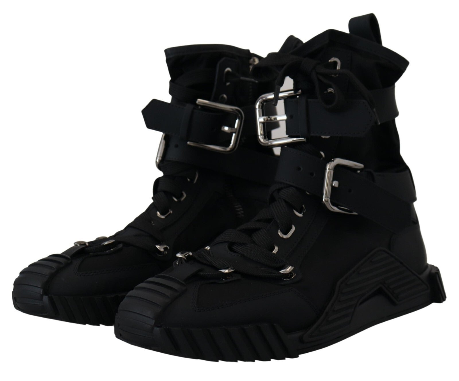 Pair of black hiking boots with laces and straps
