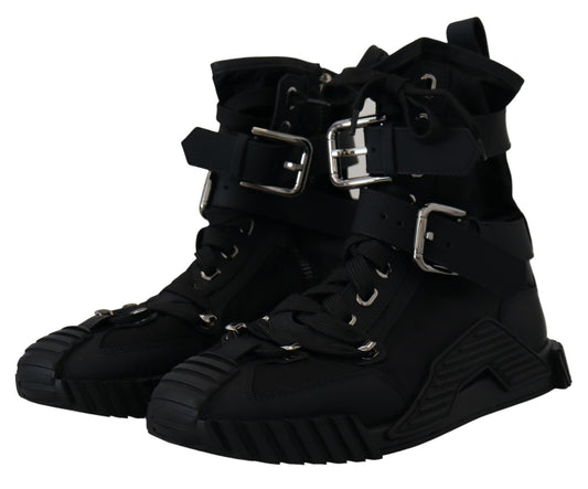 Pair of black hiking boots with laces and straps