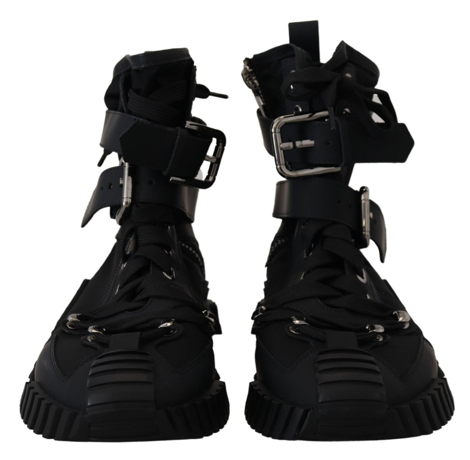 Pair of black boots with straps and buckles