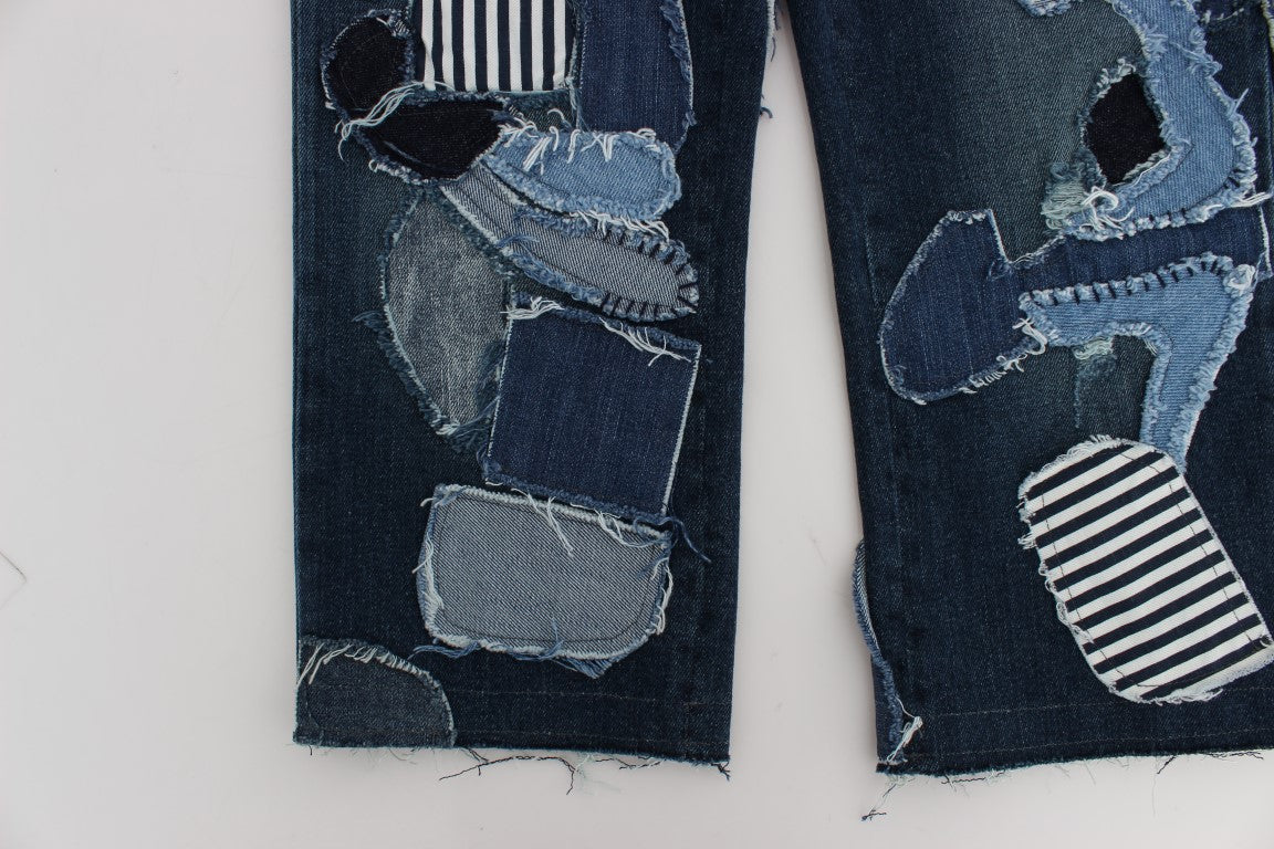 Pair of blue jeans with patchwork design on legs