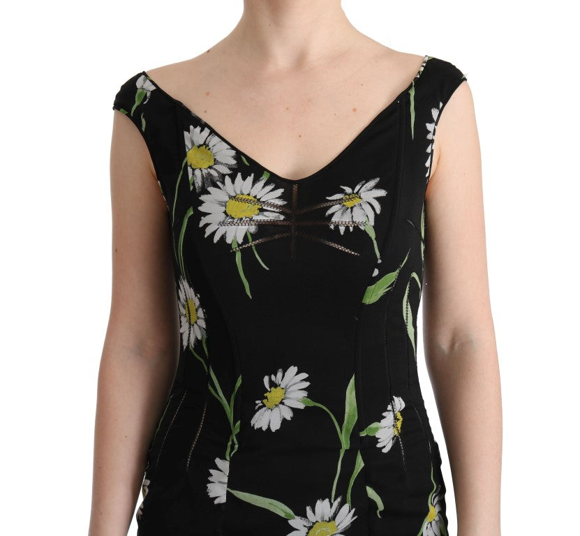 Black dress with floral pattern featuring daisies