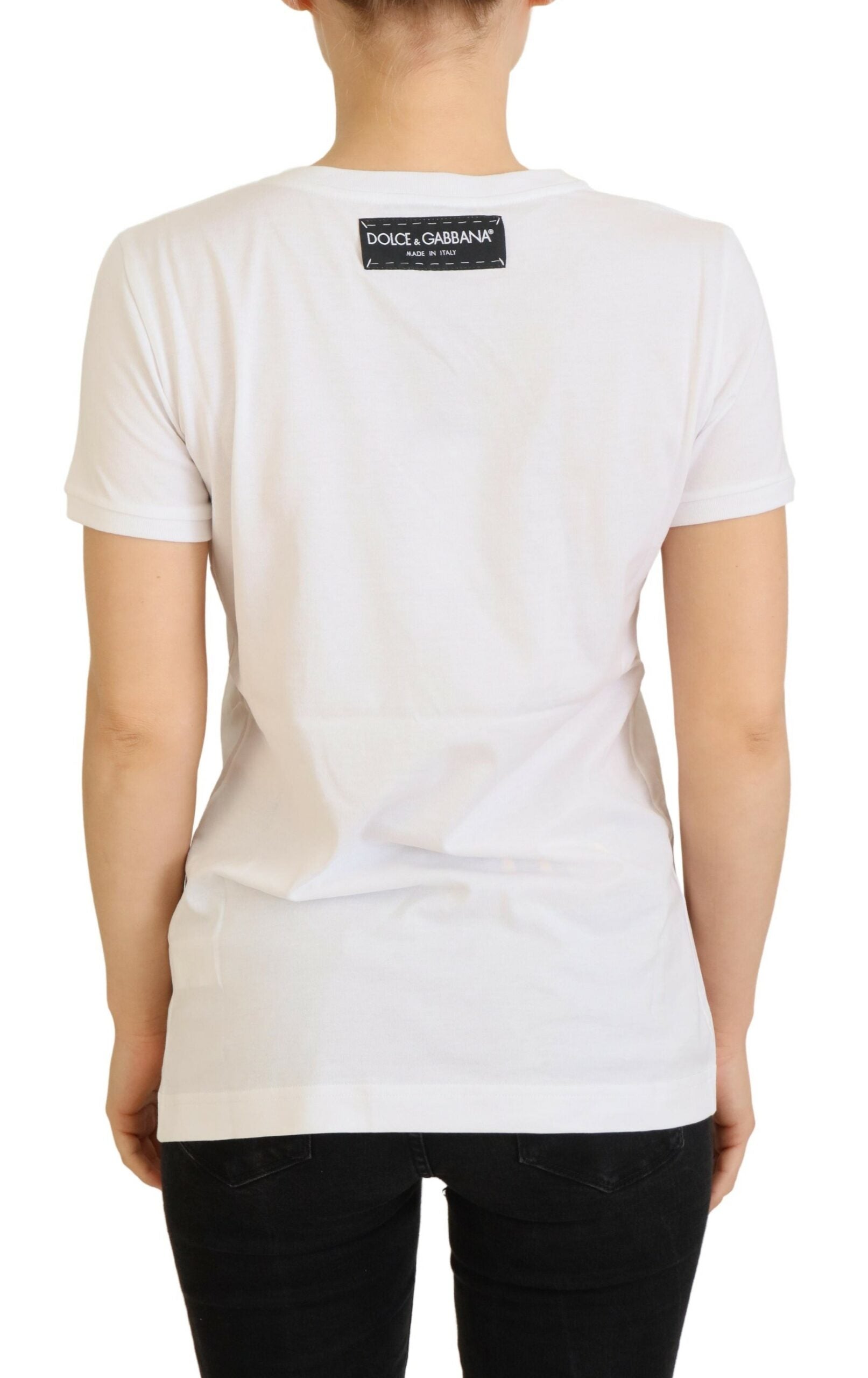 White t-shirt with black logo on back