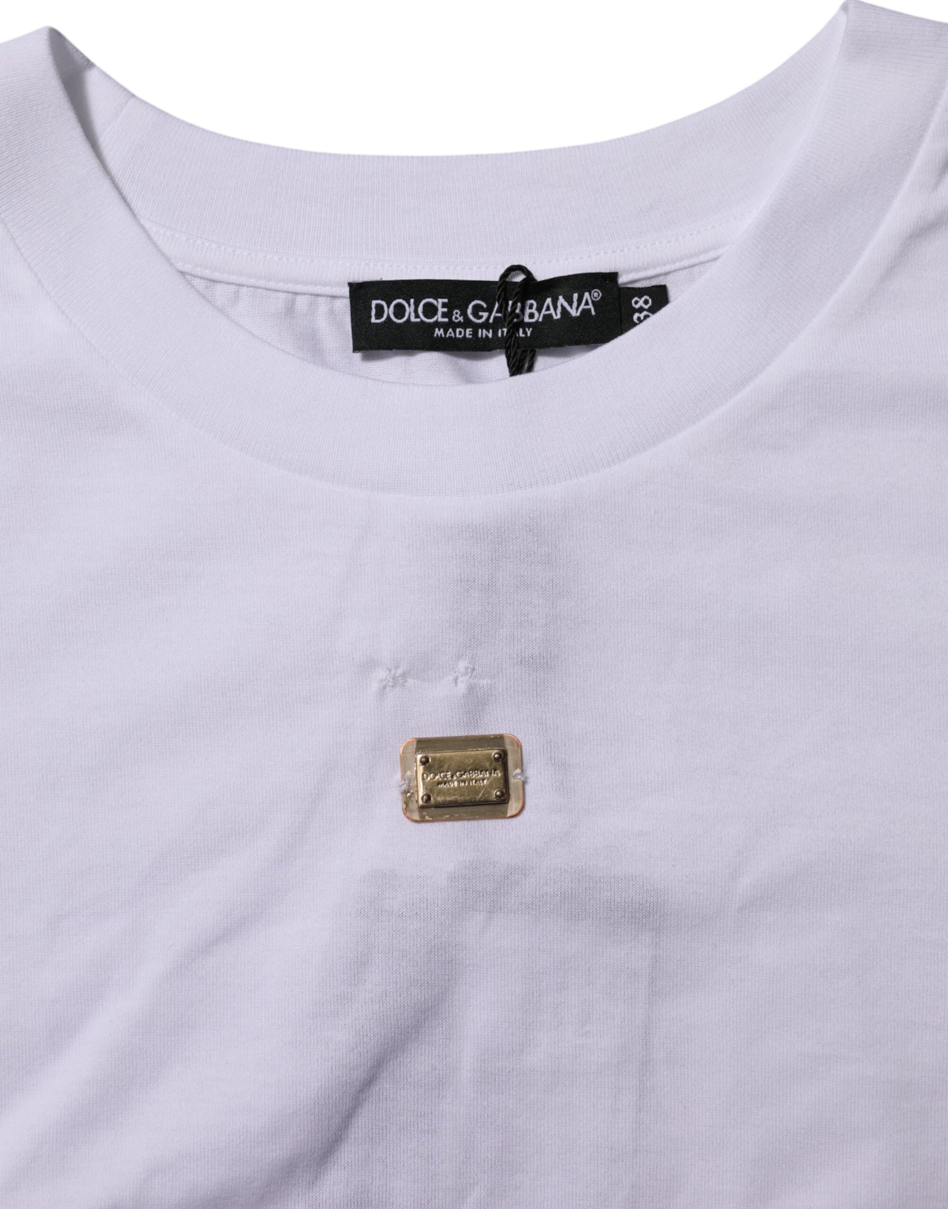 White t-shirt with a gold logo on the front