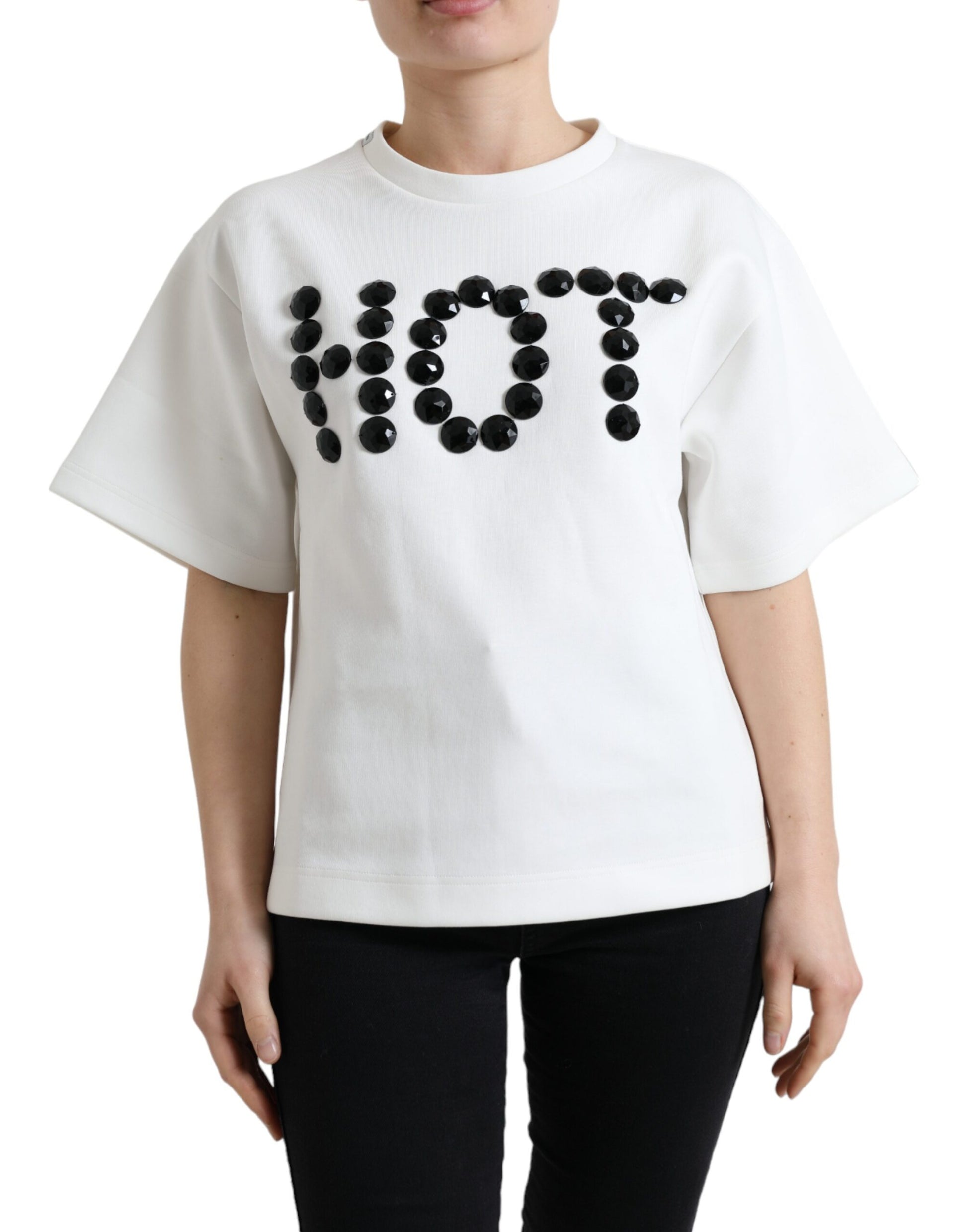 White sweater with black letters spelling "HOT"