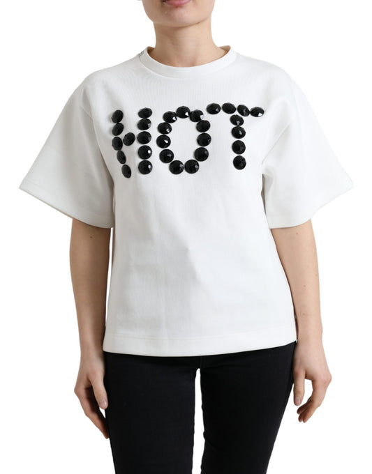 White sweater with black letters spelling "HOT"
