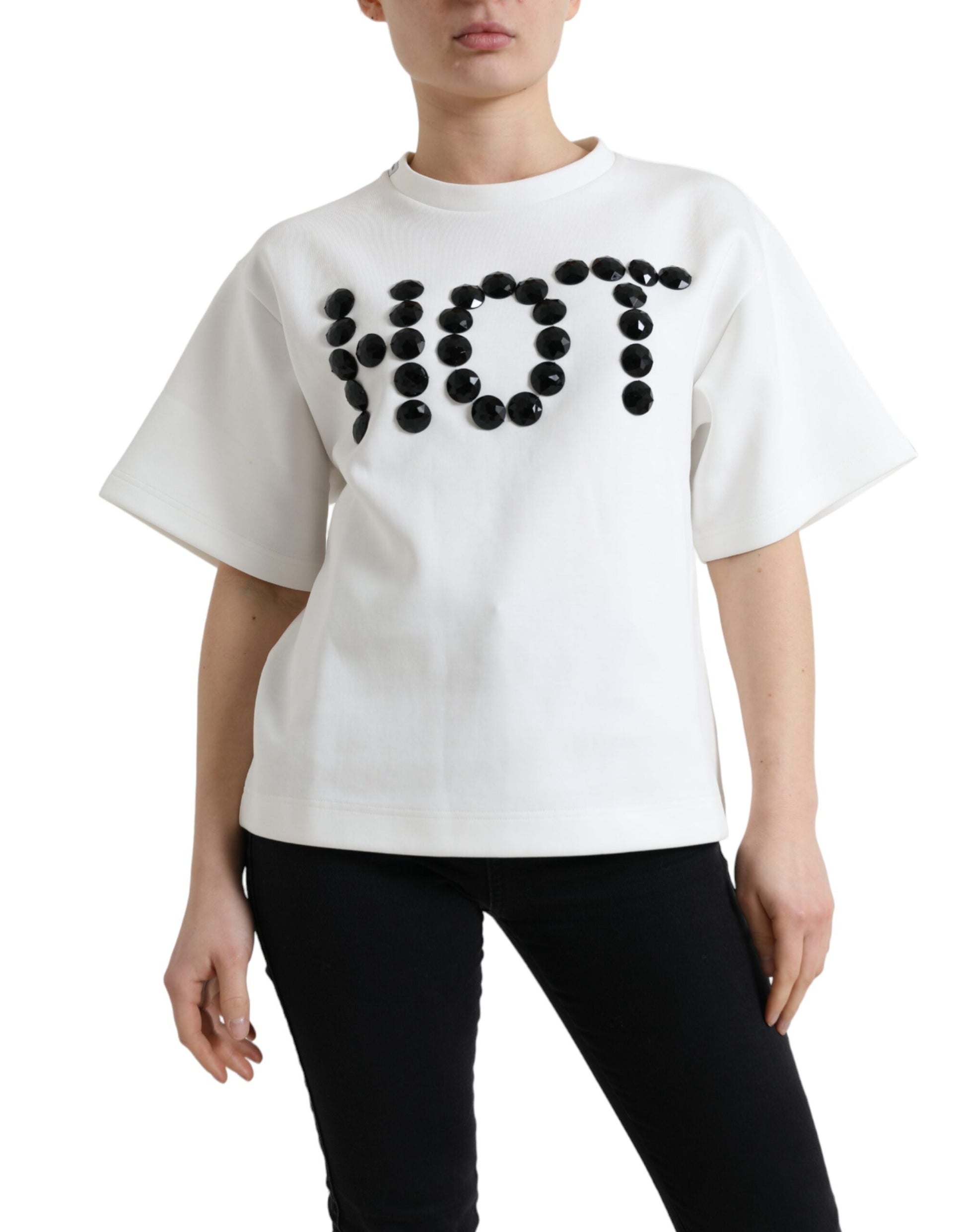 White shirt with black letters spelling "HOT"