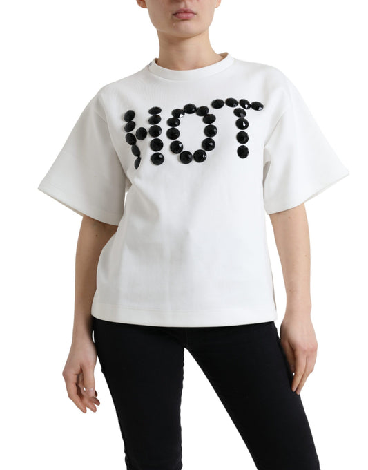 White shirt with black letters spelling "HOT"