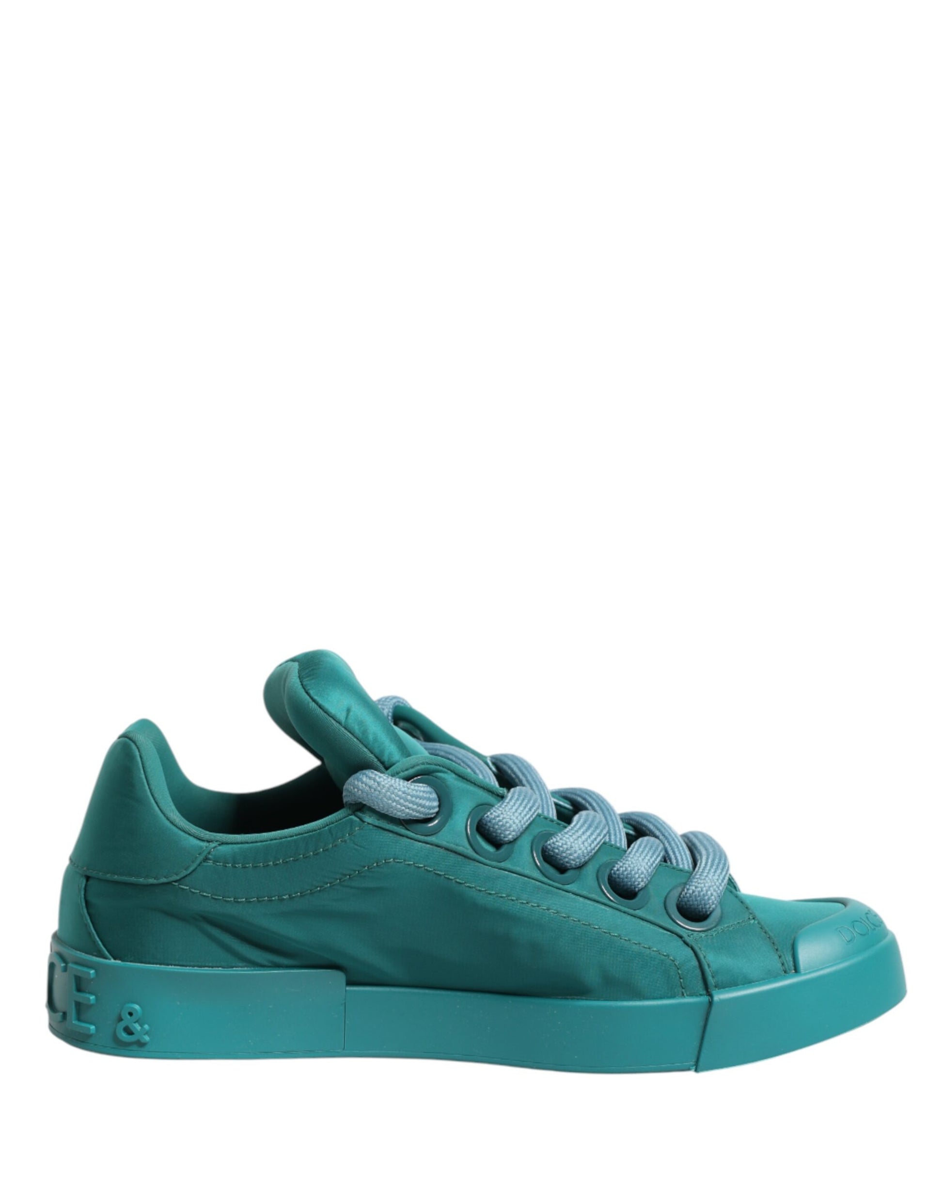 A pair of teal men's sneakers with white laces and a low top