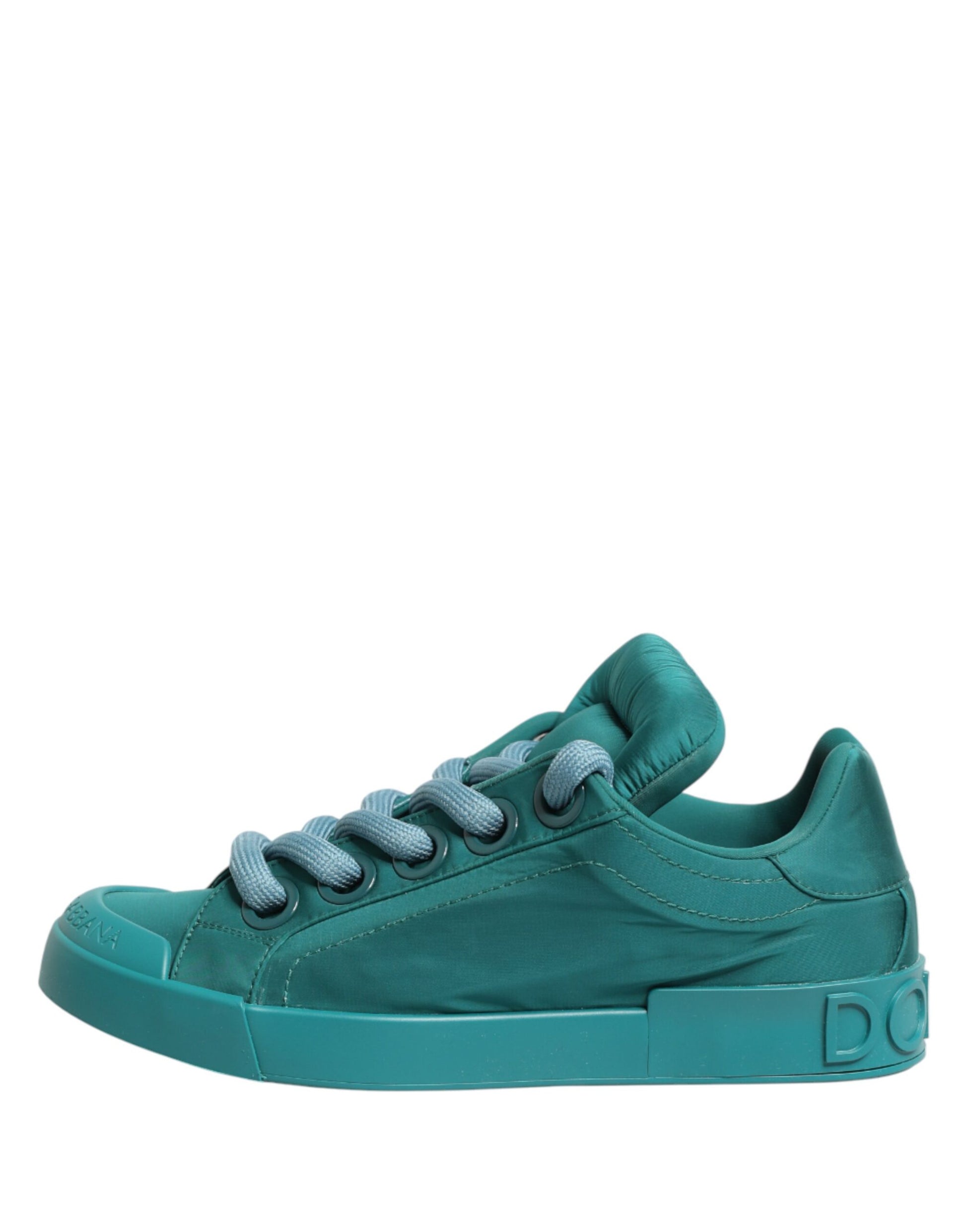 A pair of teal men's low top sneakers with white laces and a white logo on the side