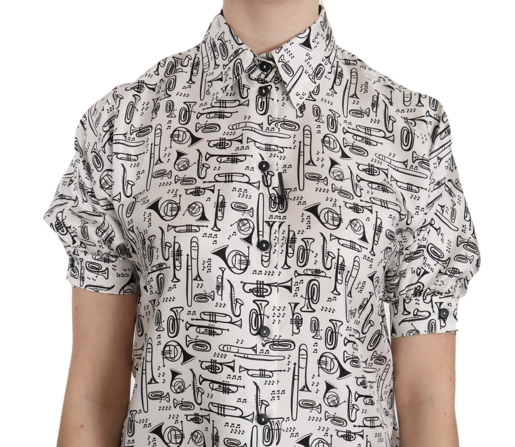 Shirt with black and white pattern featuring musical instruments