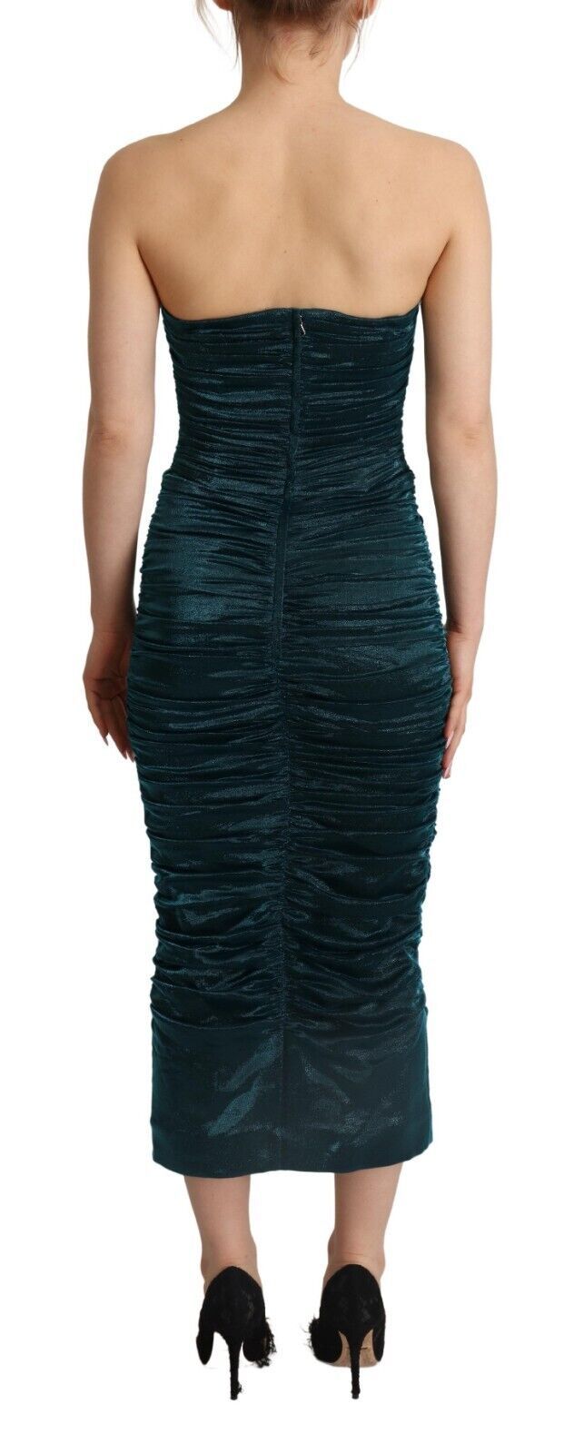 A turquoise bustier bodice draped midi dress
