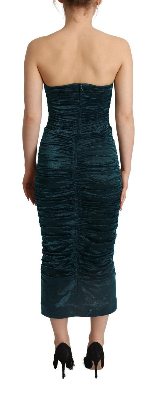 A turquoise bustier bodice draped midi dress