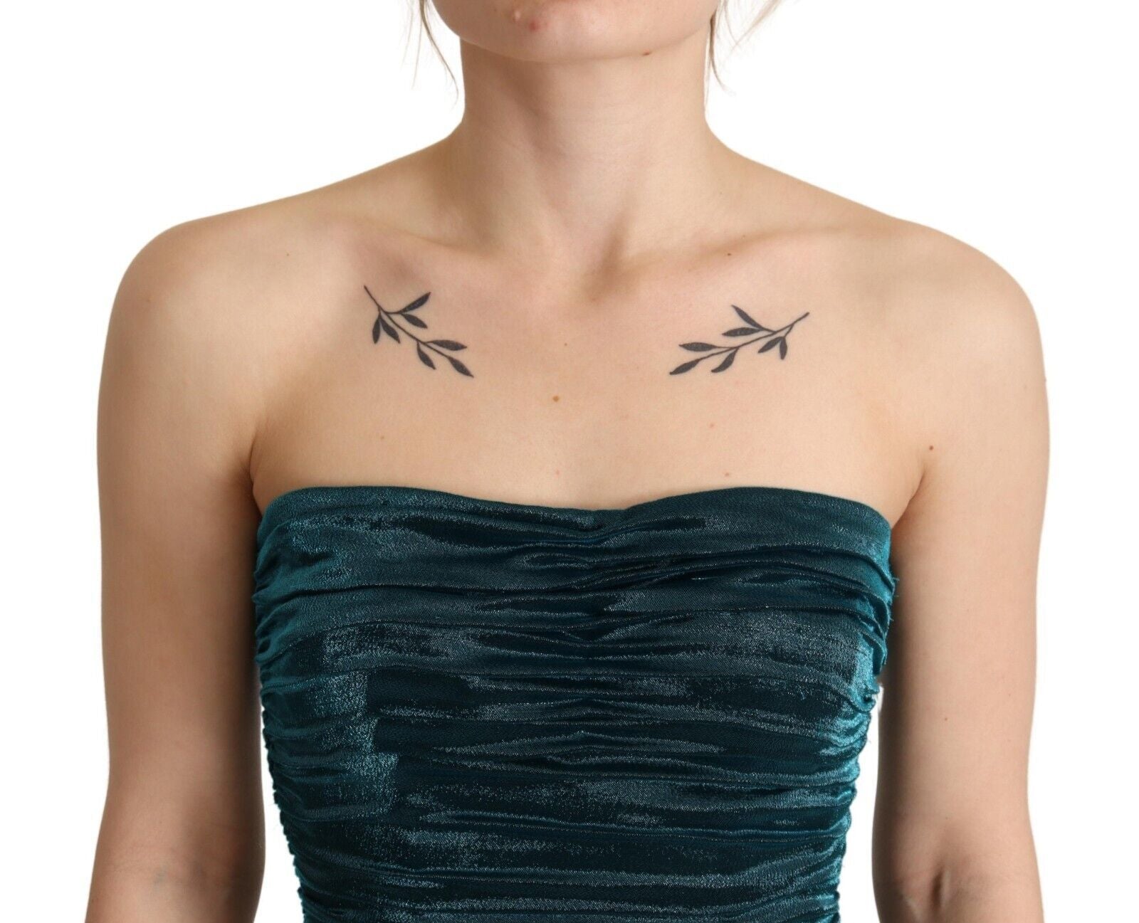 A turquoise bustier bodice draped midi dress with lace detailing