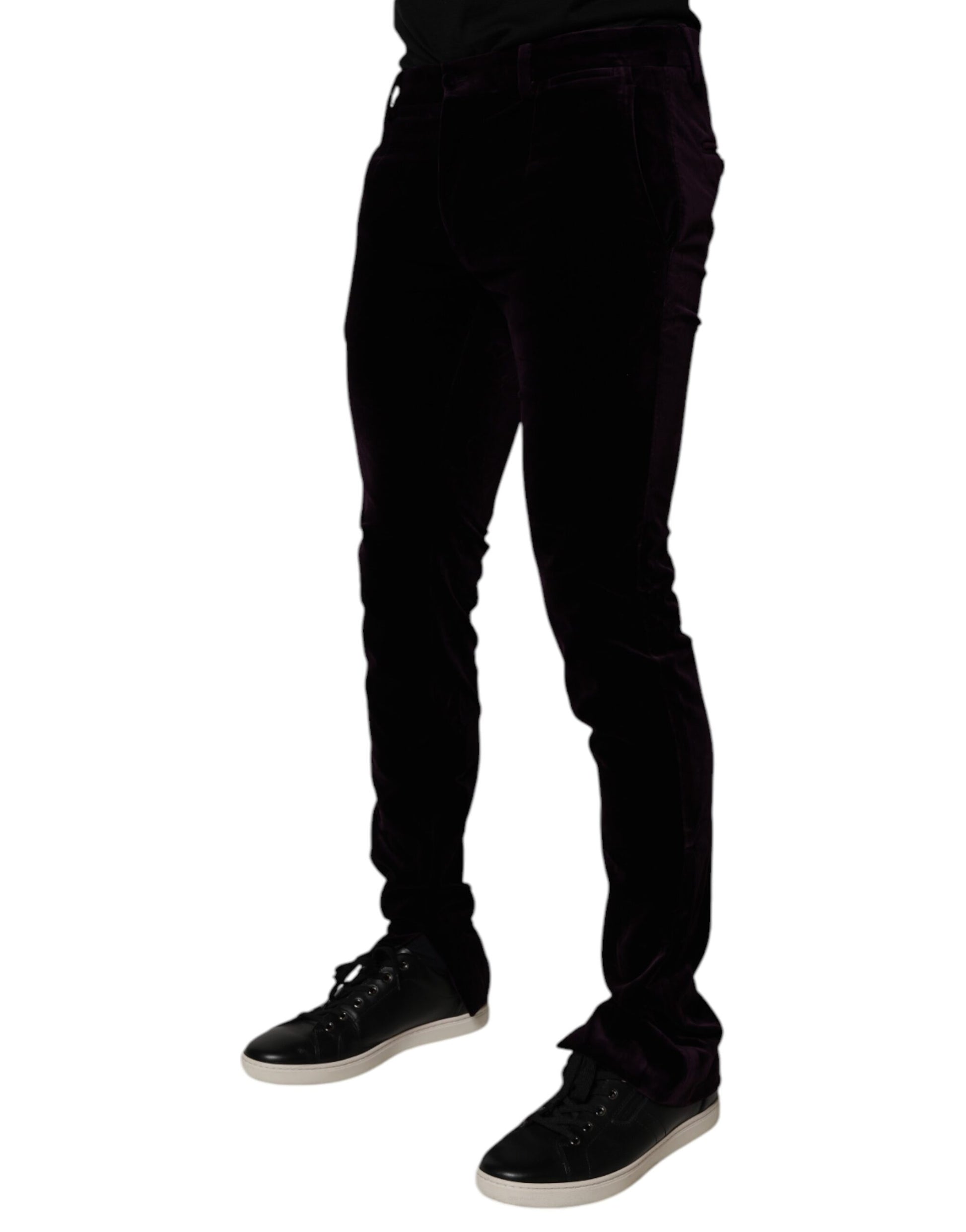 A pair of black formal pants with a violet velvet cotton blend