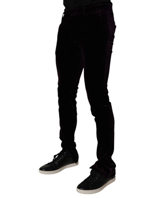 A pair of black formal pants with a violet velvet cotton blend