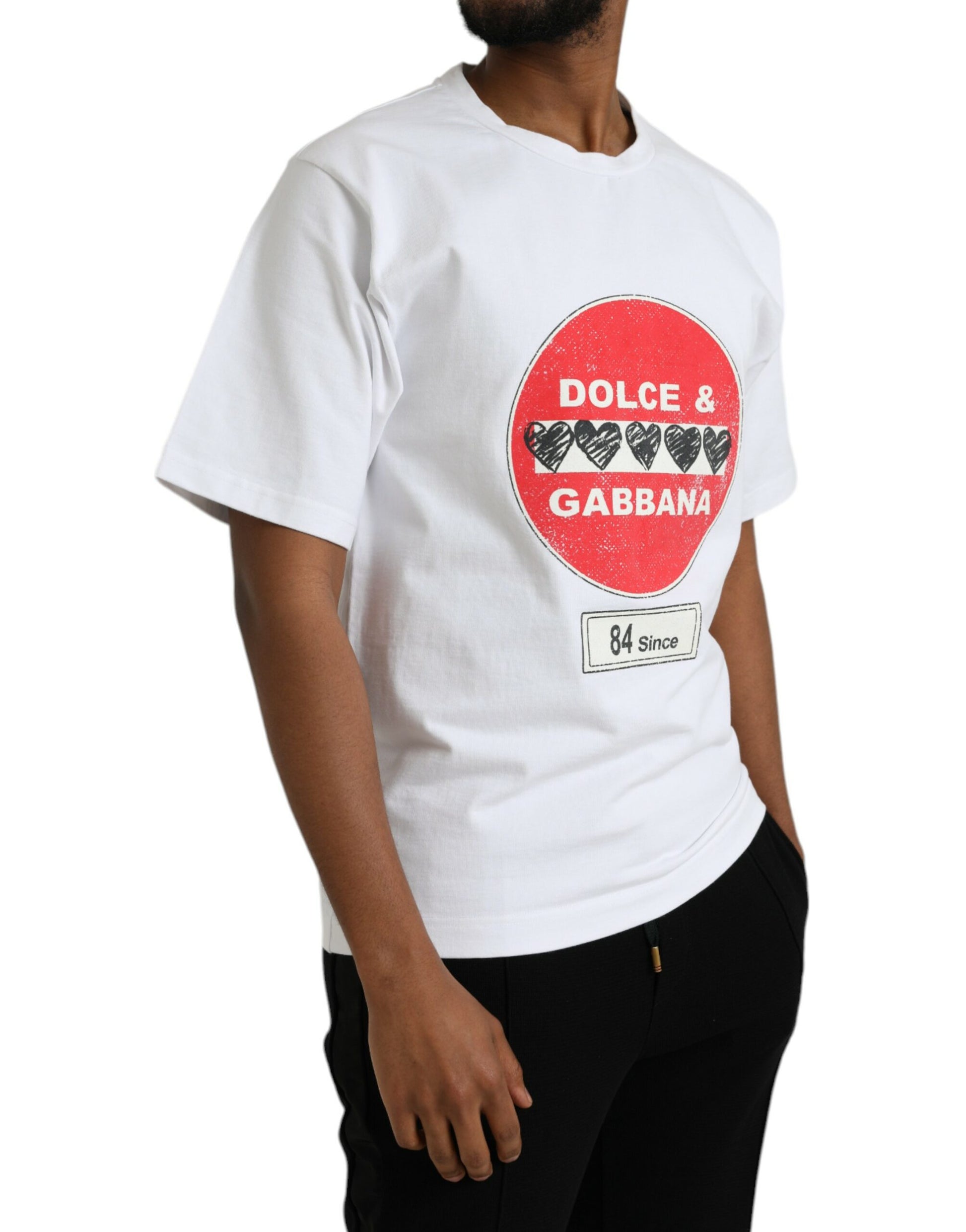 White t-shirt with red circle design featuring brand names