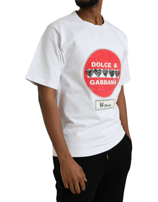 White t-shirt with red circle design featuring brand names