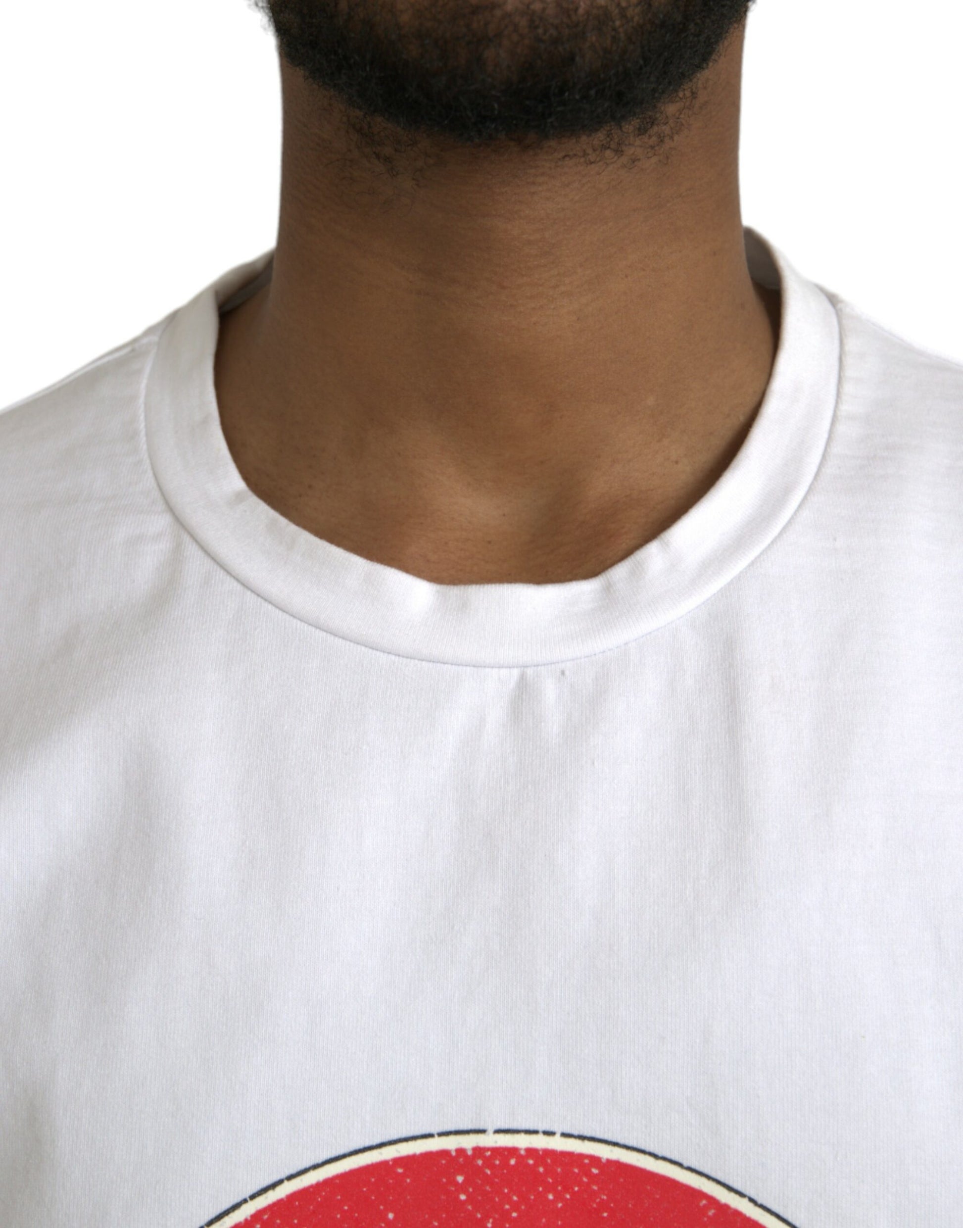 White t-shirt with red logo on front