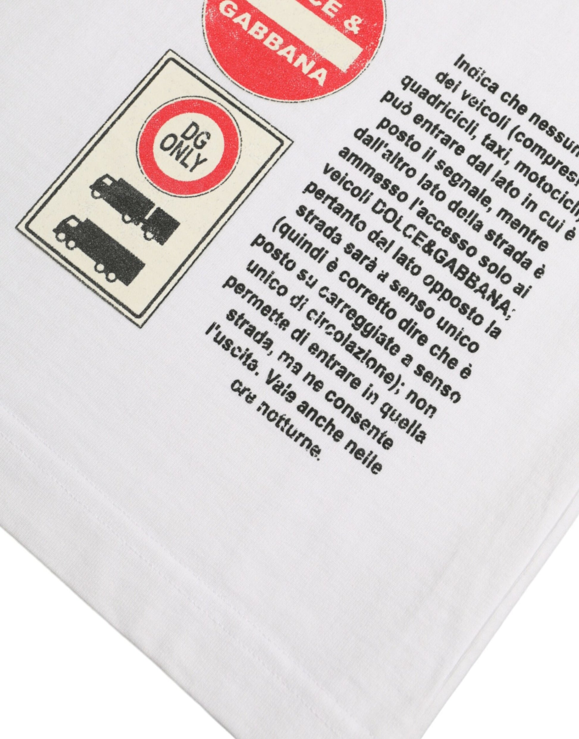 White t-shirt with red and black text and graphics