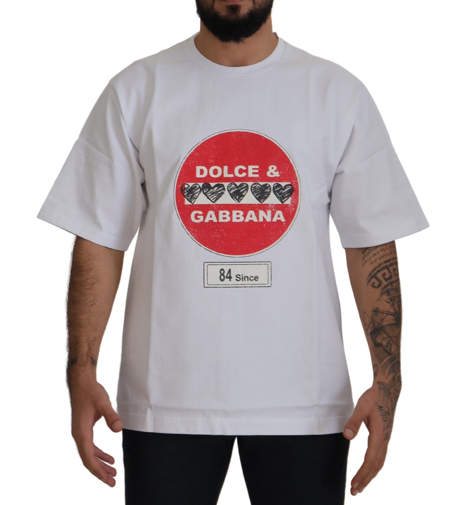 White t-shirt with red circle featuring logos of Dolce & Gabbana