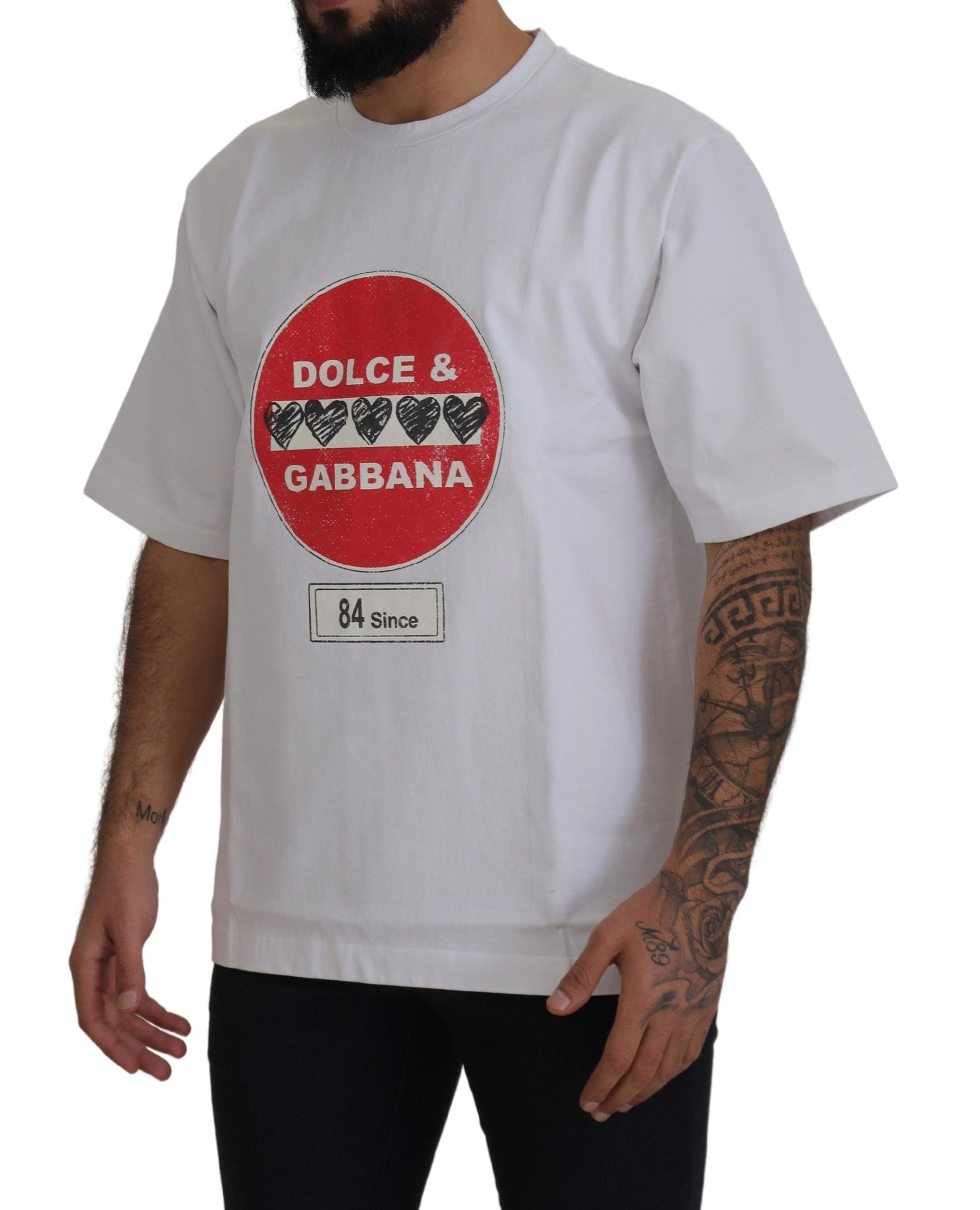 White t-shirt with red circle design featuring two brands