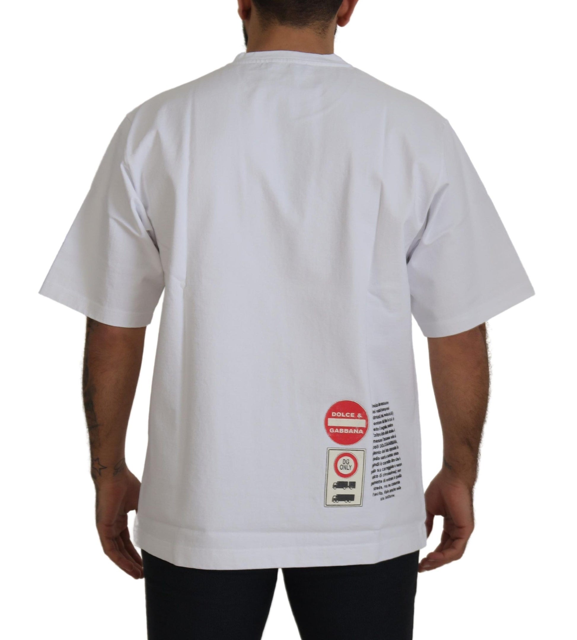 White t-shirt with red and white sticker on back