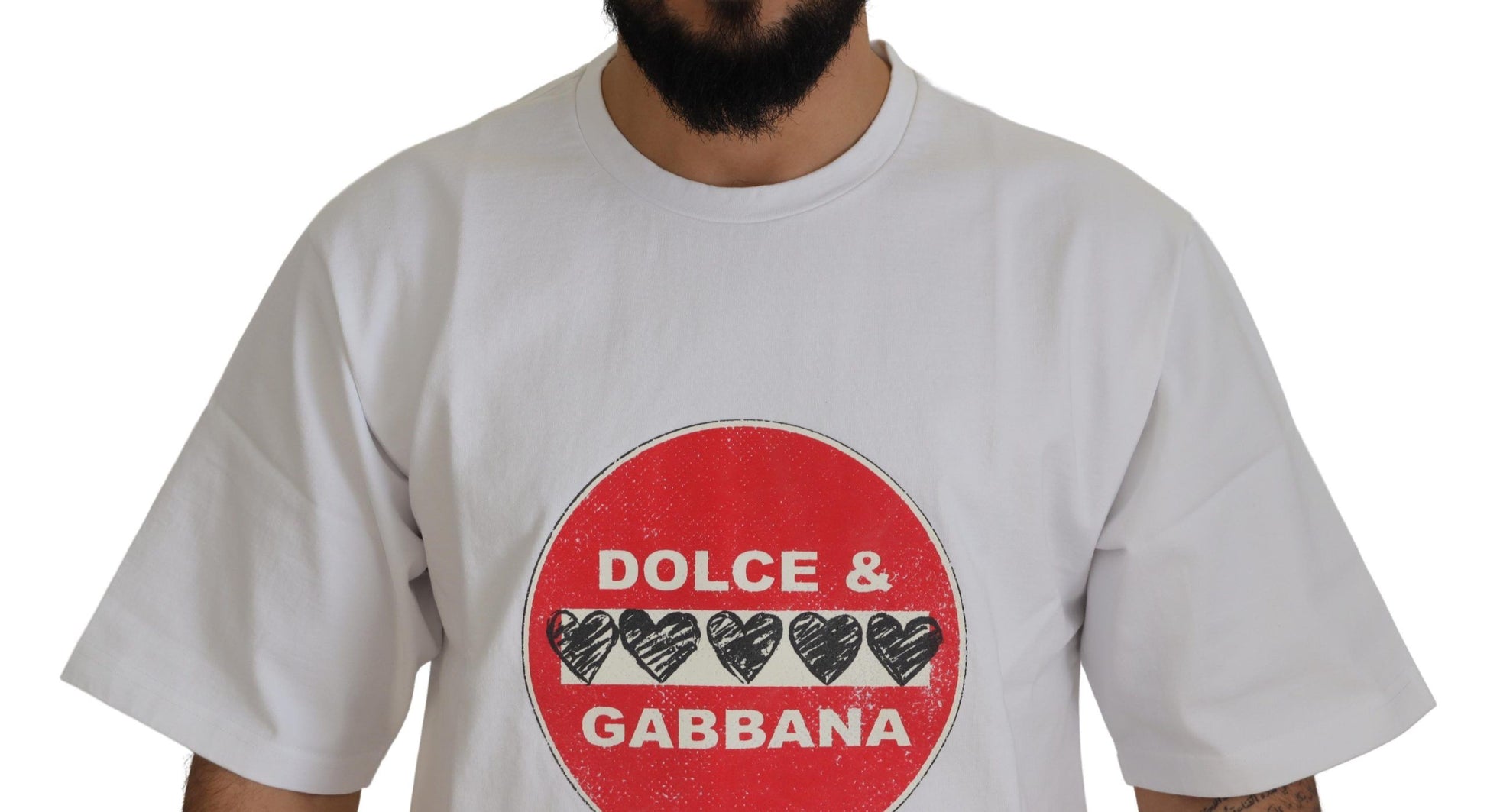 White t-shirt with red logo featuring two brands