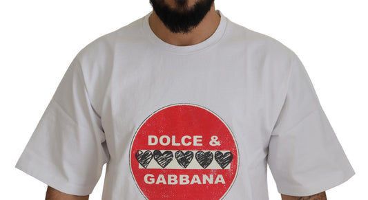 White t-shirt with red logo featuring two brands