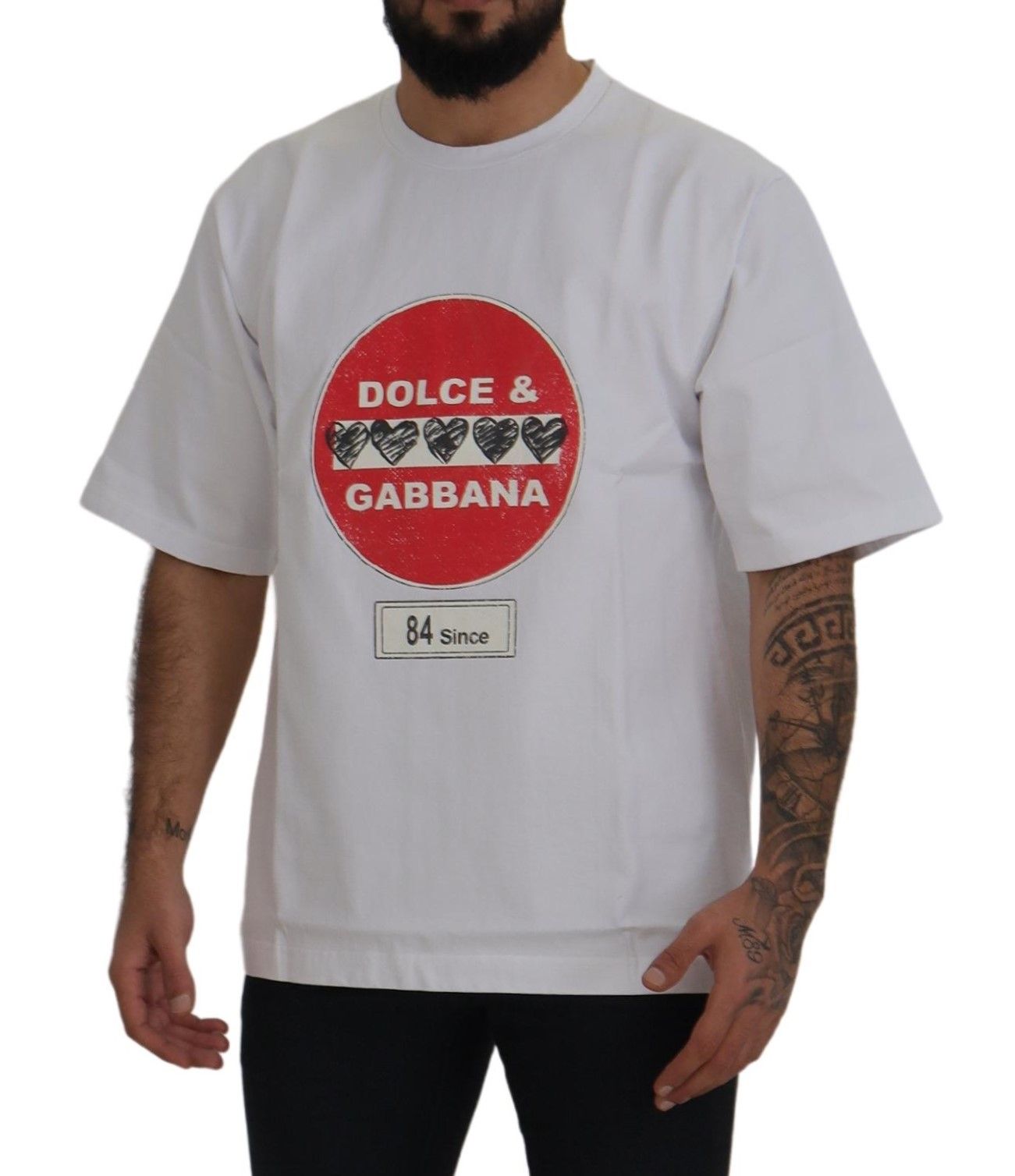 White t-shirt with red logo