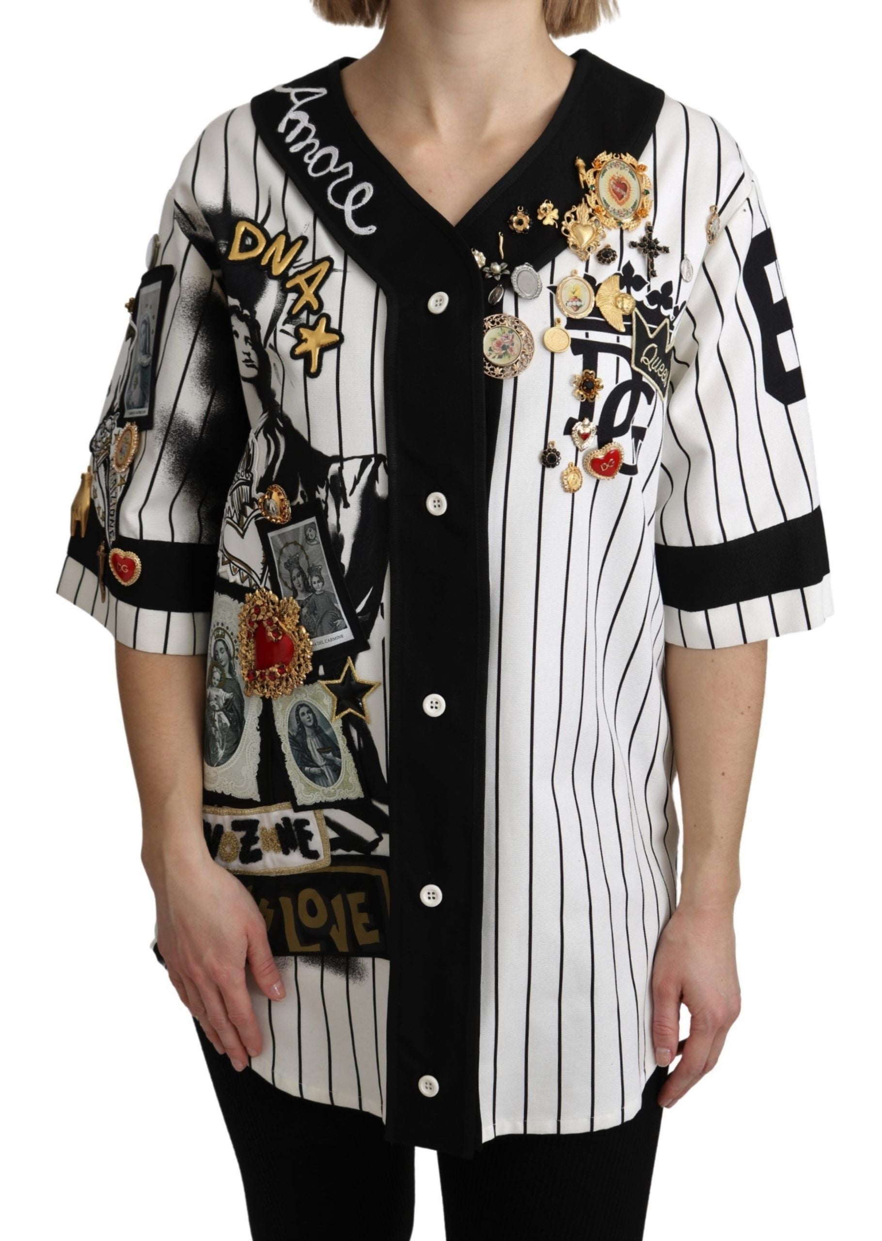 Black and white striped jacket with patches and buttons
