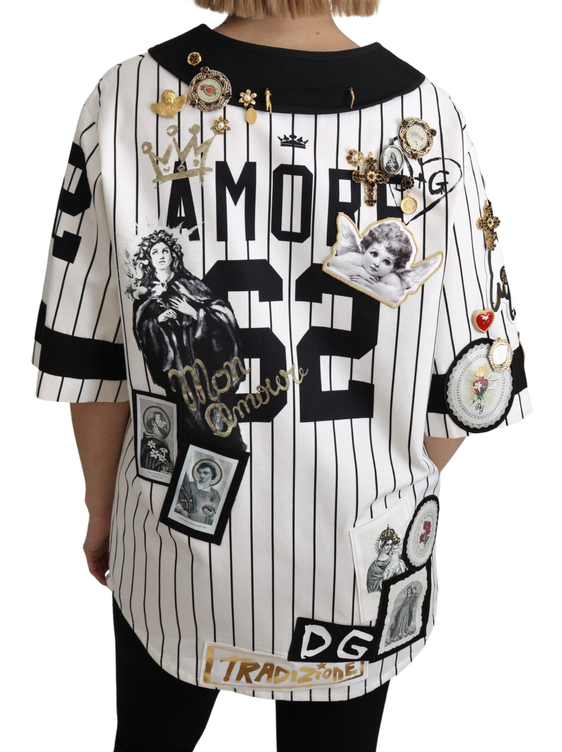 Black and white baseball jersey with patches and autographs