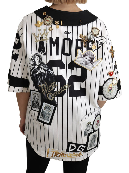 Black and white baseball jersey with patches and autographs