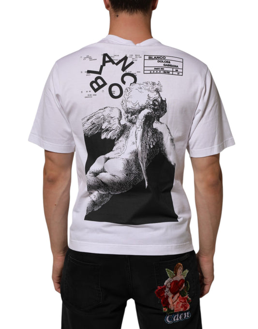 White t-shirt with black graphic on back