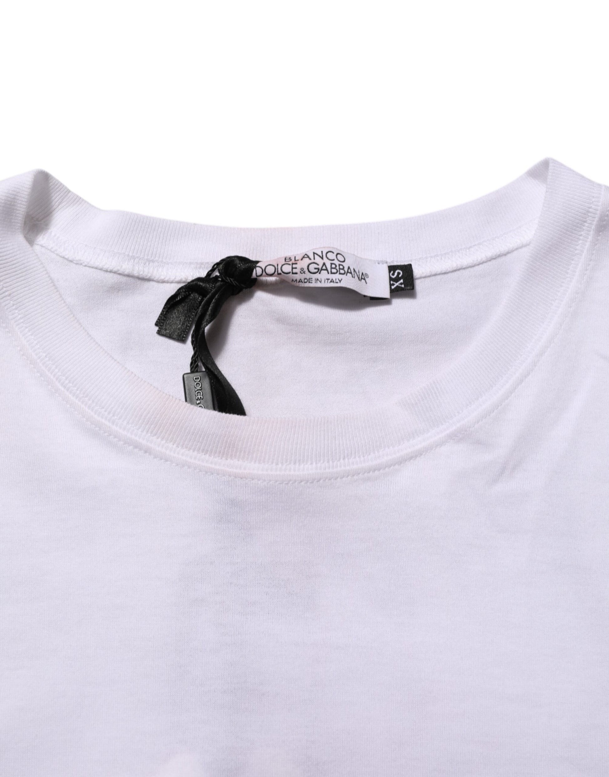 White t-shirt with black tag on neckline