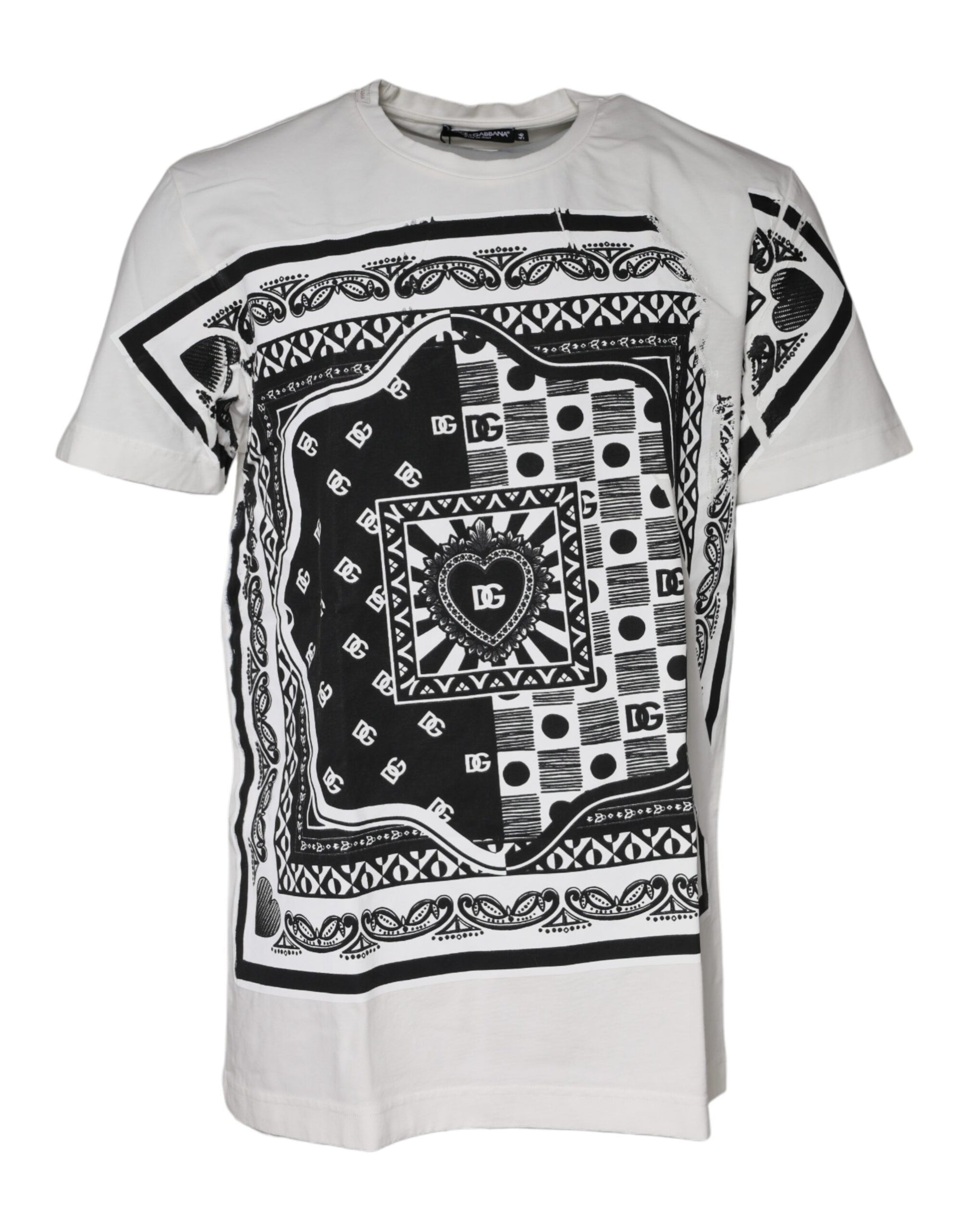 White t-shirt with black bandana design on front